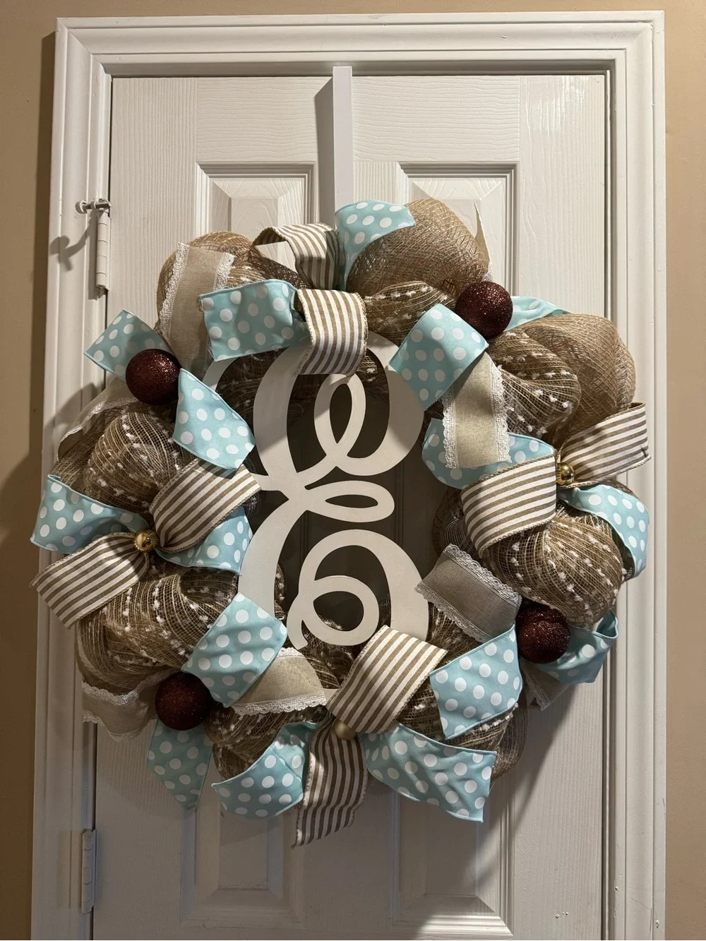 Home Holiday Burlap and Light Blue Polka Dot Decorative Wreath